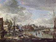 Aert van der Neer A Frozen River Near a Village,with Golfers and Skaters china oil painting reproduction